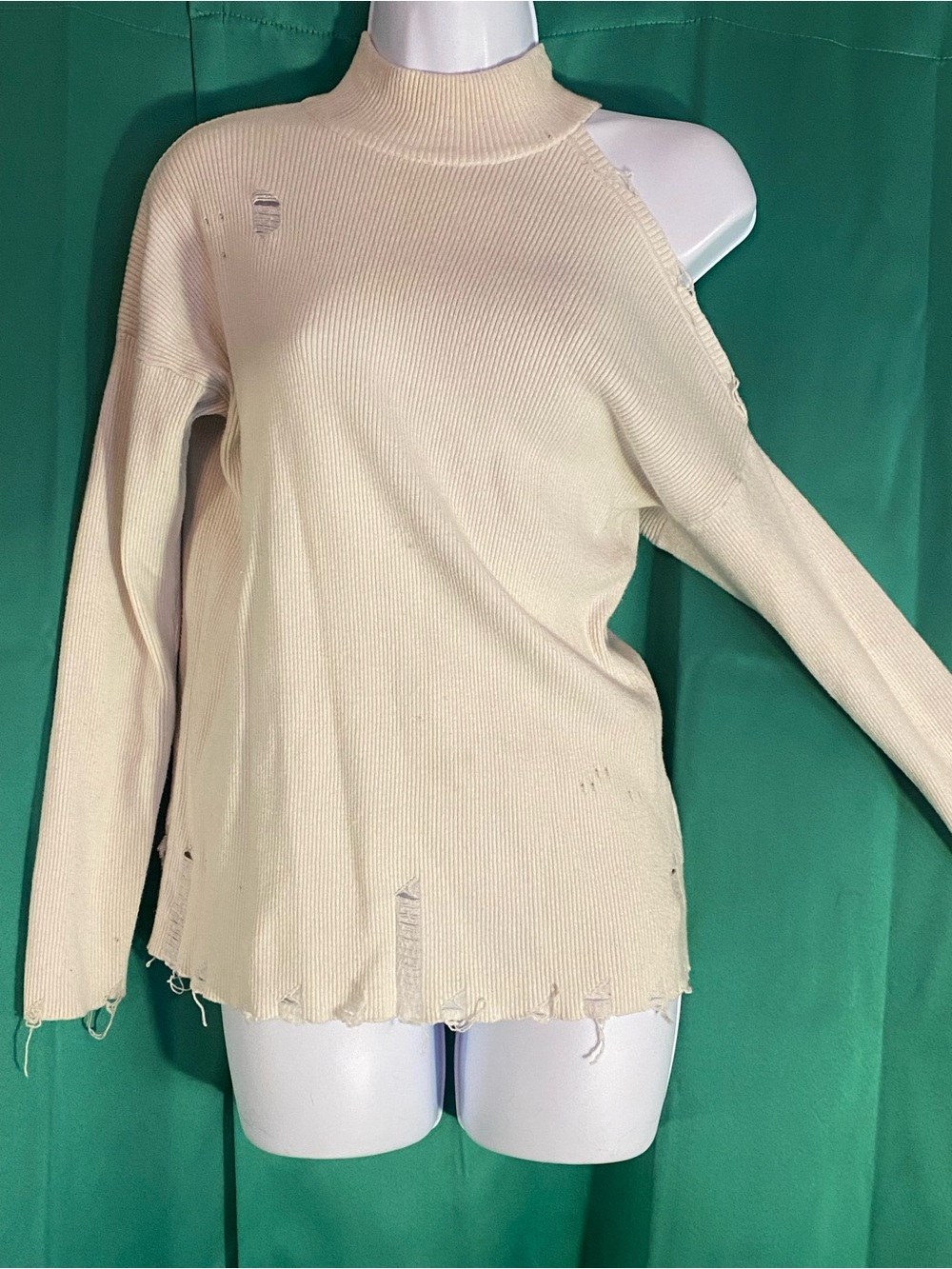 Guess Distressed One-Shoulder Ribbed Sweater - Cream